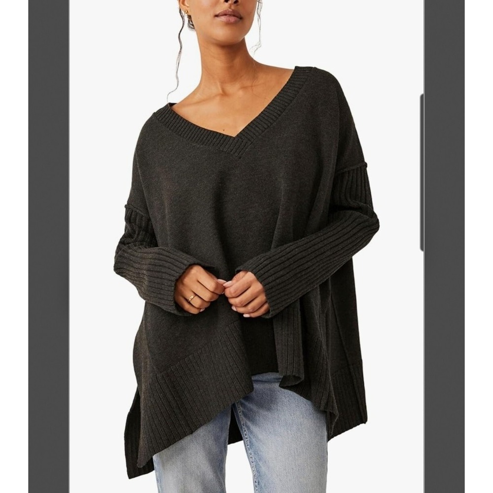 Free Purple Sweater M Orion A Line Tunic Oversized Ribbed Carbon Lagenlook Boho - Picture 2 of 10